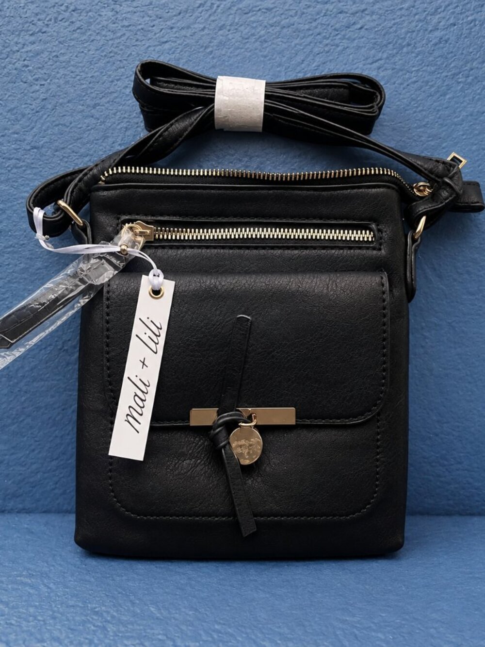 Anthro Mali + Lili  Vegan Black Leather Gold Hardware Multi Pocket Crossbody NWT